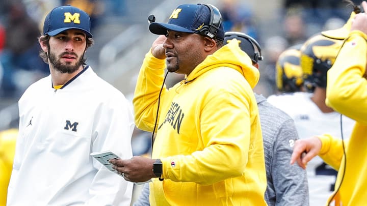 Michigan offensive pass game coordinator and wide receivers coach Ron Bellamy during the spring game at Michigan Stadium in Ann Arbor on Saturday, April 20, 2024.