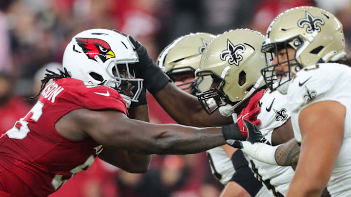 Arizona Cardinals defensive tackle Darius Robinson (56) rushes the line during a preseason game on Aug. 10, 2024 at State Farm Stadium in Glendale.