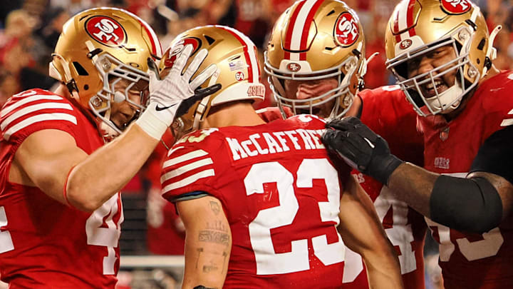 Jan 28, 2024; Santa Clara, California, USA; San Francisco 49ers running back Christian McCaffrey (23) is congratulated after scoring a touchdown against the Detroit Lions during the second half of the NFC Championship football game at Levi's Stadium. Mandatory Credit: Kelley L Cox-Imagn Images Jan 28, 2024; Santa Clara, California, USA; San Francisco 49ers running back Christian McCaffrey (23) is congratulated after scoring a touchdown against the Detroit Lions during the second half of the NFC Championship football game at Levi's Stadium. Mandatory Credit: Kelley L Cox-Imagn Images