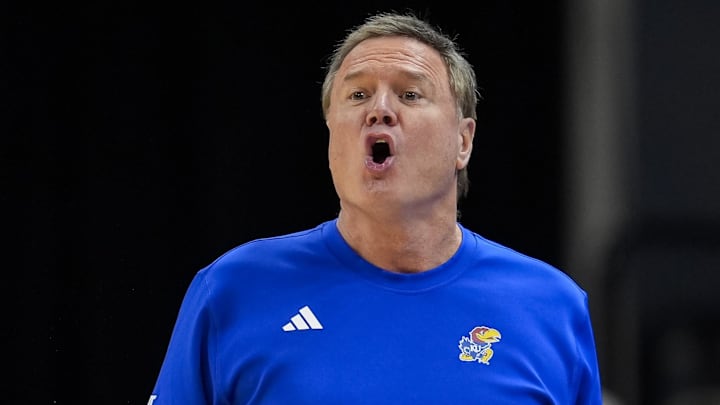 Dec 8, 2024; Columbia, Missouri, USA; Kansas Jayhawks head coach Bill Self calls a play during the first half against the Missouri Tigers at Mizzou Arena. Mandatory Credit: Jay Biggerstaff-Imagn Images