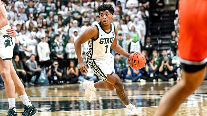 Michigan State's Jeremy Fears Jr. moves the ball against Illinois during the first half on Saturday, Feb. 7, 2026, at the Breslin Center in East Lansing.
