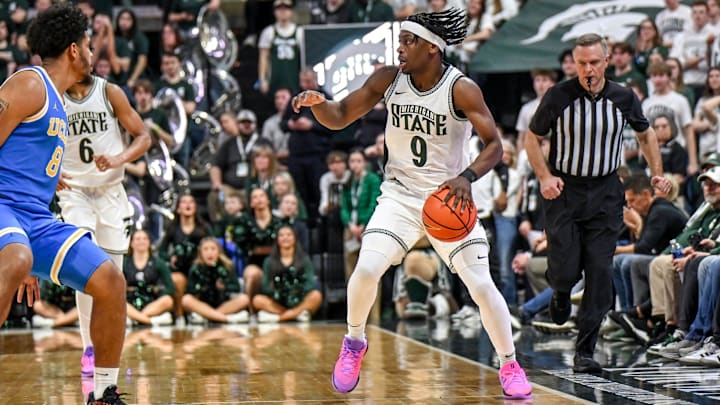 Michigan State's Trey Fort, right, keeps the ball in bounds on a UCLA turnover during the second half on Tuesday, Feb. 17, 2026, at the Breslin Center in East Lansing. Michigan State's Trey Fort, right, keeps the ball in bounds on a UCLA turnover during the second half on Tuesday, Feb. 17, 2026, at the Breslin Center in East Lansing.