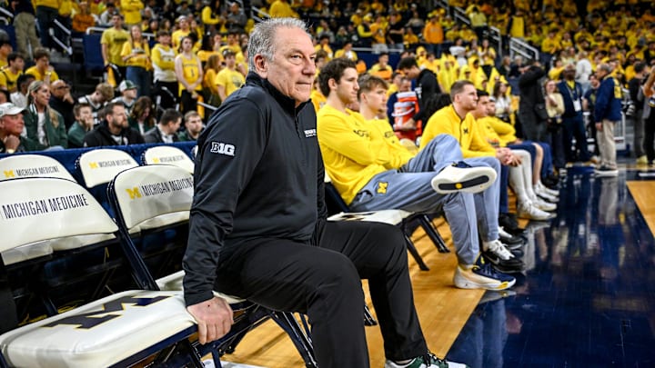 Michigan State's head coach Tom Izzo watches Michigan warm up before the game on Sunday, March 8, 2026, at the Crisler Center in Ann Arbor.