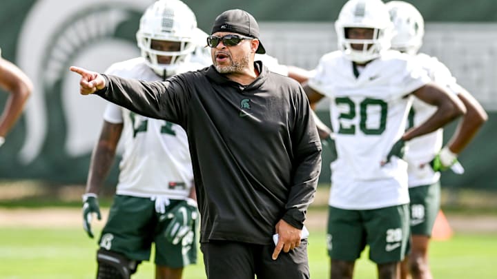 Michigan State's cornerbacks coach Demetrice Martin works with players during the first day of football camp on Tuesday, July 30, 2024, in East Lansing. Michigan State's cornerbacks coach Demetrice Martin works with players during the first day of football camp on Tuesday, July 30, 2024, in East Lansing.