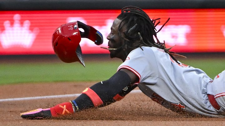 Sep 10, 2024; St. Louis, Missouri, USA;  Cincinnati Reds shortstop Elly De La Cruz (44) slides in to third base for a stolen base against the St. Louis Cardinals during the first inning at Busch Stadium. Mandatory Credit: Jeff Curry-Imagn Images