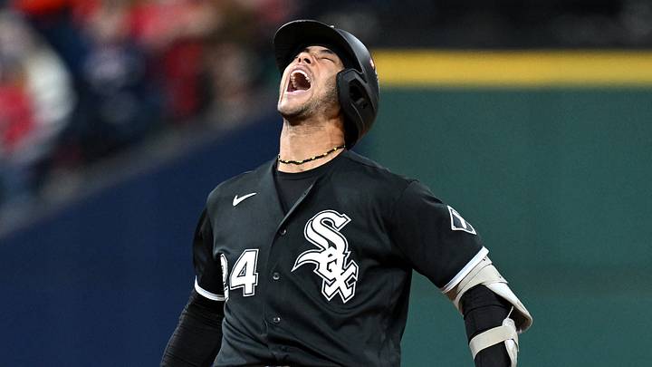 Oct 5, 2026; Cleveland, Ohio, USA;  Chicago White Sox outfielder Braden Montgomery (24) celebrates hitting a two-run double against the Cleveland Guardians during the sixth inning in game two of the ALDS for the 2026 MLB Playoffs at Progressive Field.  Mandatory Credit: David Dermer-Imagn Images