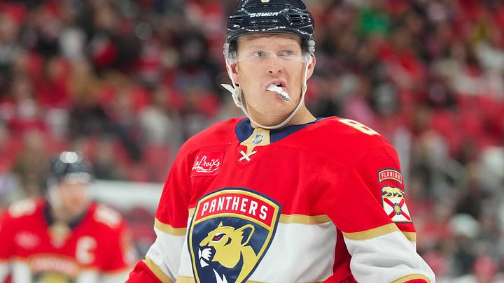 Sep 22, 2026; Raleigh, North Carolina, USA;  Florida Panthers left wing Brady Tkachuk (8) looks on against the Carolina Hurricanes during the first period at Lenovo Center. Mandatory Credit: James Guillory-Imagn Images