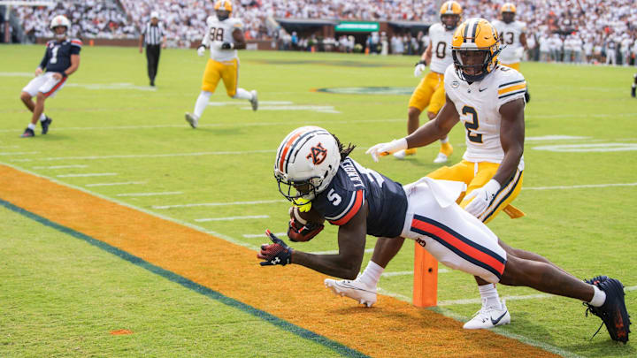 Auburn Tigers wide receiver KeAndre Lambert-Smith (5) catches a pass in the end zone for a touchdown as Auburn Tigers take on California Golden Bears at Jordan-Hare Stadium in Auburn, Ala., on Saturday, Sept. 7, 2024.