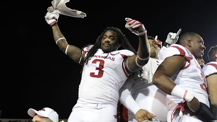 Jan 2, 2016; Memphis, TN, USA; Arkansas Razorbacks running back Alex Collins (3) after the game against the Kansas State Wildcats at Liberty Bowl. Arkansas Razorbacks defeated the Kansas State Wildcats 45-23. Mandatory Credit: Justin Ford-USA TODAY Sports