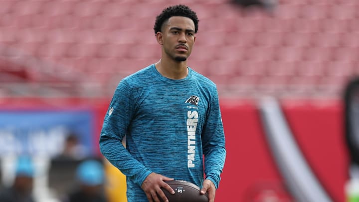 Dec 29, 2024; Tampa, Florida, USA; Carolina Panthers quarterback Bryce Young (9) warms up before a game against the Tampa Bay Buccaneers at Raymond James Stadium. Mandatory Credit: Nathan Ray Seebeck-Imagn Images