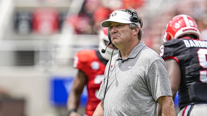 Apr 18, 2026; Athens, GA, USA; Georgia Bulldogs head coach Kirby Smart reacts on the field during the Georgia Spring football game at Sanford Stadium. Mandatory Credit: Dale Zanine-Imagn Images