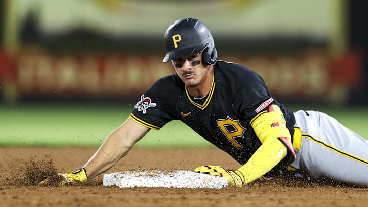 Mar 9, 2026; Tampa, Florida, USA; Pittsburgh Pirates shortstop Konnor Griffin (75) runs to second base on a two-rbi double against the New York Yankees in the fifth inning during spring training at George M. Steinbrenner Field. 