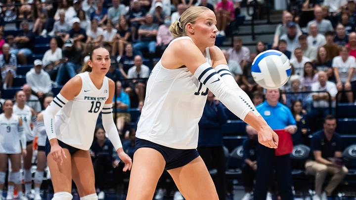 Penn State's Emmi Sellman bumps the ball during a Big Ten volleyball match against UCLA on Sunday, Sept. 28, 2025, in State College. Penn State's Emmi Sellman bumps the ball during a Big Ten volleyball match against UCLA on Sunday, Sept. 28, 2025, in State College.