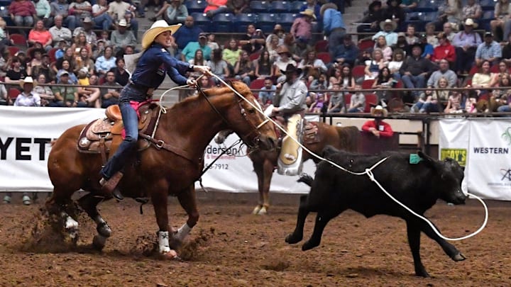 Kendal Pierson of Wardlow, Alberta, Canada, competes in Breakaway Roping during the San Angelo Rodeo Saturday April 6, 2024. Kendal Pierson of Wardlow, Alberta, Canada, competes in Breakaway Roping during the San Angelo Rodeo Saturday April 6, 2024.