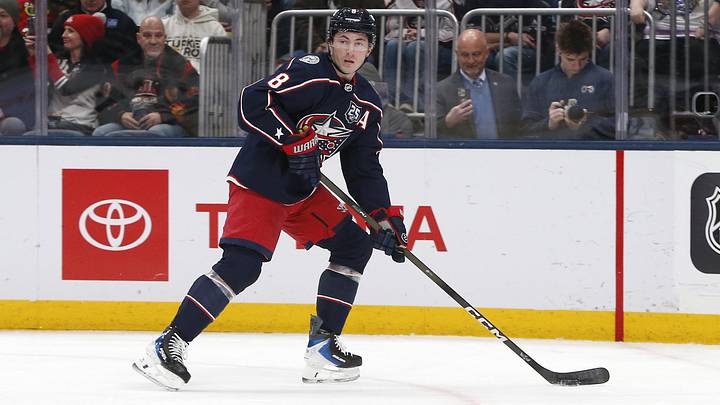 Feb 4, 2026; Columbus, Ohio, USA; Columbus Blue Jackets defenseman Zach Werenski (8) controls the puck against the Chicago Blackhawks during the first period at Nationwide Arena. Mandatory Credit: Russell LaBounty-Imagn Images