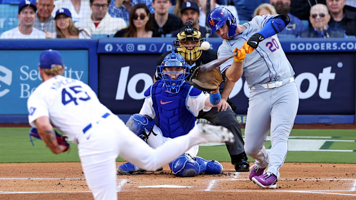 Oct 20, 2024; Los Angeles, California, USA; New York Mets first base Pete Alonso (20) hits and reaches first base on an error during the first inning against the Los Angeles Dodgers during game six of the NLCS for the 2024 MLB playoffs at Dodger Stadium. Mandatory Credit: Jason Parkhurst-Imagn Images Oct 20, 2024; Los Angeles, California, USA; New York Mets first base Pete Alonso (20) hits and reaches first base on an error during the first inning against the Los Angeles Dodgers during game six of the NLCS for the 2024 MLB playoffs at Dodger Stadium. Mandatory Credit: Jason Parkhurst-Imagn Images