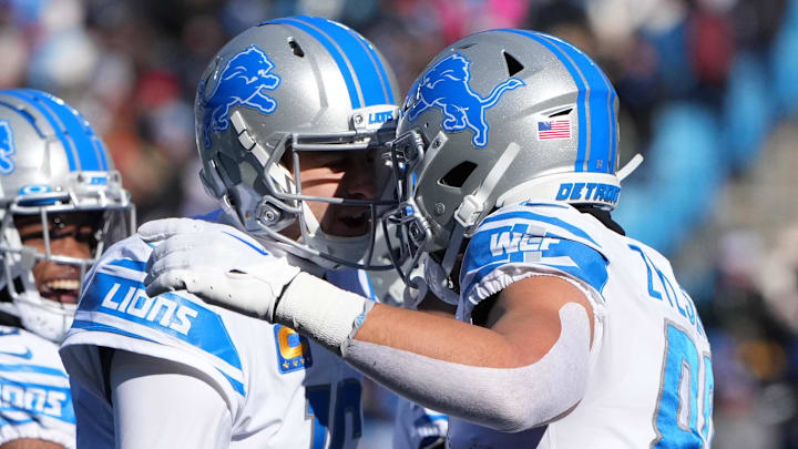 Dec 24, 2022; Charlotte, North Carolina, USA; Detroit Lions tight end Shane Zylstra (84) celebrates