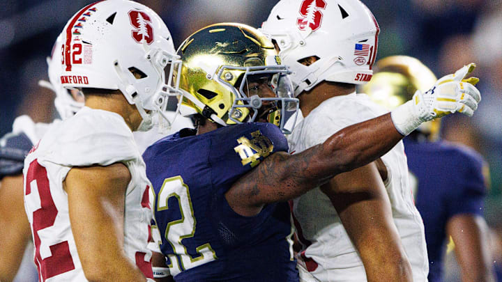 Notre Dame running back Devyn Ford (22) celebrates getting a first down during a NCAA college football game between Notre Dame and Stanford at Notre Dame Stadium on Saturday, Oct. 12, 2024, in South Bend. Notre Dame running back Devyn Ford (22) celebrates getting a first down during a NCAA college football game between Notre Dame and Stanford at Notre Dame Stadium on Saturday, Oct. 12, 2024, in South Bend.