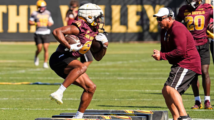 Arizona State running back Kanye Udoh (6) during spring football practice at Kajikawa practice fields in Tempe on Tuesday, March 25, 2025.