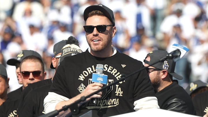 Dodgers first baseman Freddie Freeman speaks to the fans during the 2025 World Series championship celebration at Dodger Stadium in Los Angeles on Monday, Nov. 3, 2025.