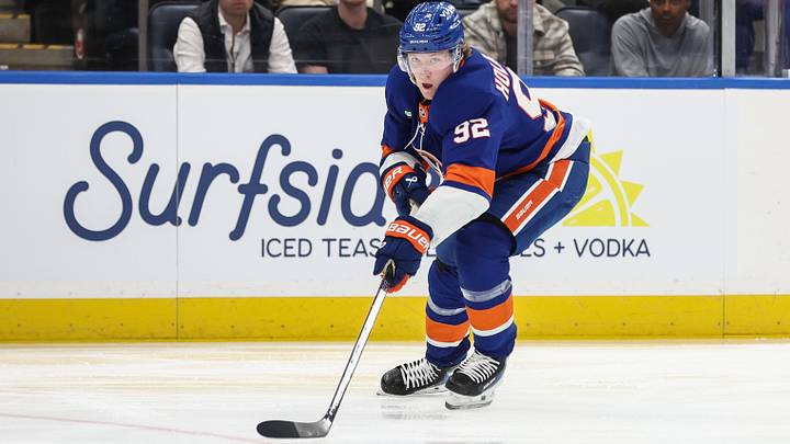 Apr 9, 2026; Elmont, New York, USA;  New York Islanders right wing Simon Holmstrom (92) plays the puck in the second period against the Toronto Maple Leafs at UBS Arena. Mandatory Credit: Wendell Cruz-Imagn Images