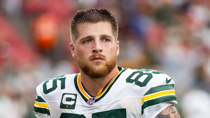 Green Bay Packers tight end Tucker Kraft (85) looks on