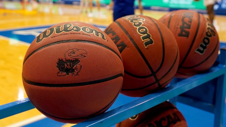 Dec 11, 2020; Lawrence, Kansas, USA; A general view of racked basketballs during warm ups before the game between the Kansas Jayhawks and Nebraska-Omaha Mavericks at Allen Fieldhouse.