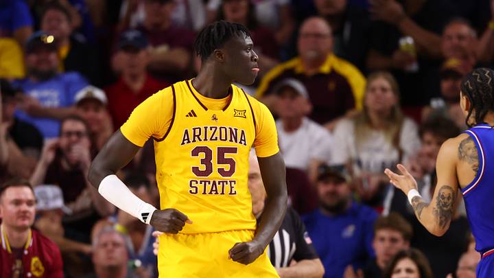 Mar 3, 2026; Tempe, Arizona, USA; Arizona State Sun Devils center Massamba Diop (35) celebrates a shot against the Kansas Jayhawks in the second half at Desert Financial Arena. Mar 3, 2026; Tempe, Arizona, USA; Arizona State Sun Devils center Massamba Diop (35) celebrates a shot against the Kansas Jayhawks in the second half at Desert Financial Arena.