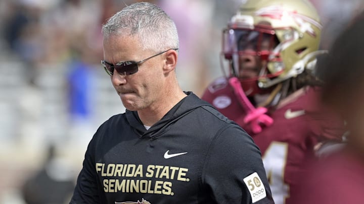 Oct 11, 2025; Tallahassee, Florida, USA; Florida State Seminoles head coach Mike Norvell after losing the game to the Pittsburgh Panthers at Doak S. Campbell Stadium. Mandatory Credit: Melina Myers-Imagn Images