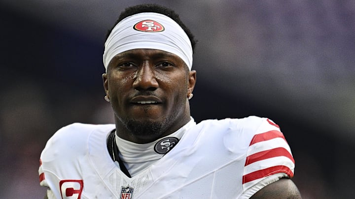 Sep 15, 2024; Minneapolis, Minnesota, USA; San Francisco 49ers wide receiver Deebo Samuel Sr. (1) warms up before the game against the Minnesota Vikings at U.S. Bank Stadium. Mandatory Credit: Jeffrey Becker-Imagn Images