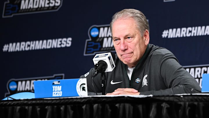 Mar 19, 2026; Buffalo, NY, USA; Michigan State Spartans head coach Tom Izzo speaks at a postgame press conference after the game against the North Dakota State Bison during a first round game of the men's 2026 NCAA Tournament at Keybank Center. Mandatory Credit: Mark Konezny-Imagn Images