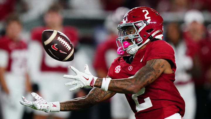 Sep 28, 2024; Tuscaloosa, Alabama, USA;  Alabama Crimson Tide wide receiver Ryan Williams (2) reaches for a pass against the Georgia Bulldogs during the third quarter at Bryant-Denny Stadium. Mandatory Credit: John David Mercer-Imagn Images