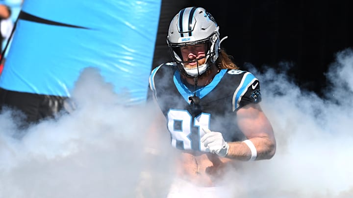 Oct 29, 2023; Charlotte, North Carolina, USA; Carolina Panthers tight end Hayden Hurst (81) runs on