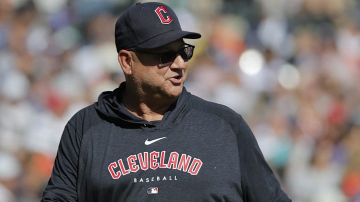 Cleveland Guardians manager Terry Francona (77) walks off the field during the fifth inning against the Detroit Tigers at Comerica Park. Cleveland Guardians manager Terry Francona (77) walks off the field during the fifth inning against the Detroit Tigers at Comerica Park.