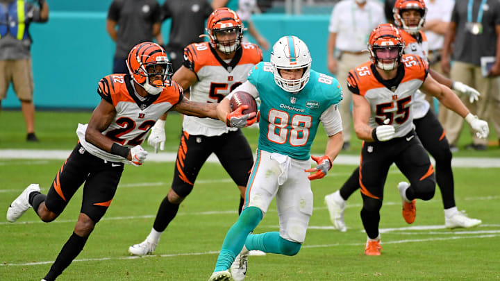 Dec 6, 2020; Miami Gardens, Florida, USA; Miami Dolphins tight end Mike Gesicki (88) runs the ball against the Cincinnati Bengals during the second half at Hard Rock Stadium. Mandatory Credit: Jasen Vinlove-Imagn Images