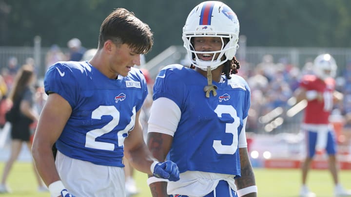 Bills defensive back Cole Bishop talks with Damar Hamlin between drills during day six of Buffalo Bills training camp at St. John Fisher University Tuesday, July 29, 2025 in Pittsford, NY.