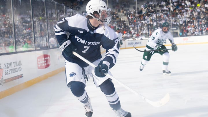 Penn State defenseman Jackson Smith during a Big Ten ice hockey game against Michigan State in Beaver Stadium on January 31, 2026. Penn State defenseman Jackson Smith during a Big Ten ice hockey game against Michigan State in Beaver Stadium on January 31, 2026.