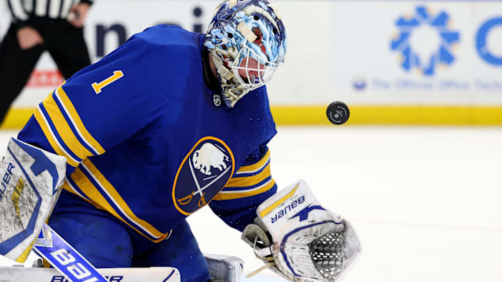 Apr 15, 2025; Buffalo, New York, USA;  Buffalo Sabres goaltender Ukko-Pekka Luukkonen (1) makes a save during the third period against the Toronto Maple Leafs at KeyBank Center. Mandatory Credit: Timothy T. Ludwig-Imagn Images