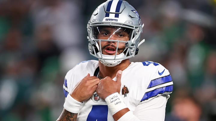 Sep 4, 2025; Philadelphia, Pennsylvania, USA; Dallas Cowboys quarterback Dak Prescott (4) looks on during warmups prior to the game against the Philadelphia Eagles at Lincoln Financial Field. Mandatory Credit: Bill Streicher-Imagn Images