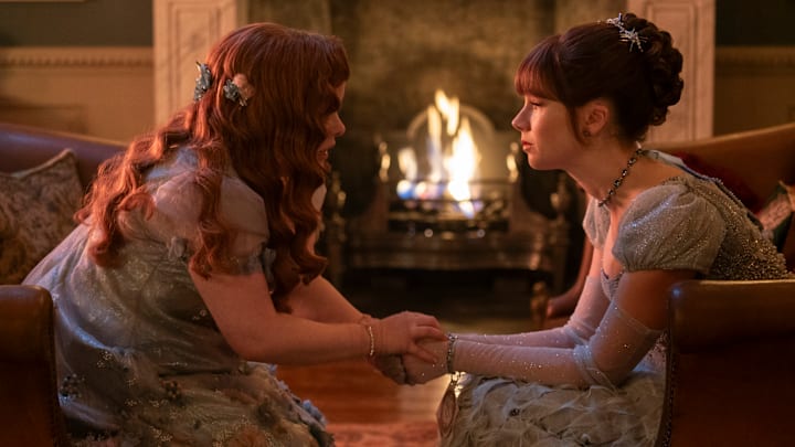 Bridgerton. (L to R) Nicola Coughlan as Penelope Featherington, Claudia Jessie as Eloise Bridgerton in episode 306 of Bridgerton. Cr. Liam Daniel/Netflix © 2024