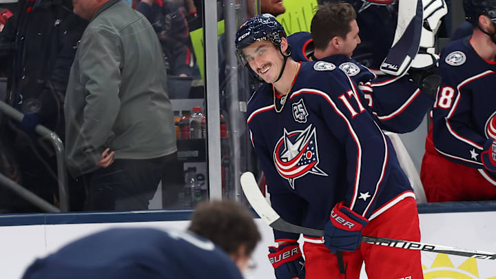 Jan 24, 2026; Columbus, Ohio, USA;  Columbus Blue Jackets left wing Mason Marchment (17) celebrates his third goal of the game during the third period against the Tampa Bay Lightning at Nationwide Arena. Mandatory Credit: Joseph Maiorana-Imagn Images