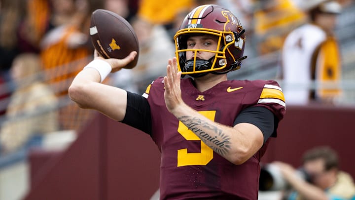 Sep 6, 2025; Minneapolis, Minnesota, USA; Minnesota Golden Gophers quarterback Drake Lindsey (5) warms up before the game against the Northwestern State Demons at Huntington Bank Stadium. Mandatory Credit: Matt Krohn-Imagn Images Sep 6, 2025; Minneapolis, Minnesota, USA; Minnesota Golden Gophers quarterback Drake Lindsey (5) warms up before the game against the Northwestern State Demons at Huntington Bank Stadium. Mandatory Credit: Matt Krohn-Imagn Images