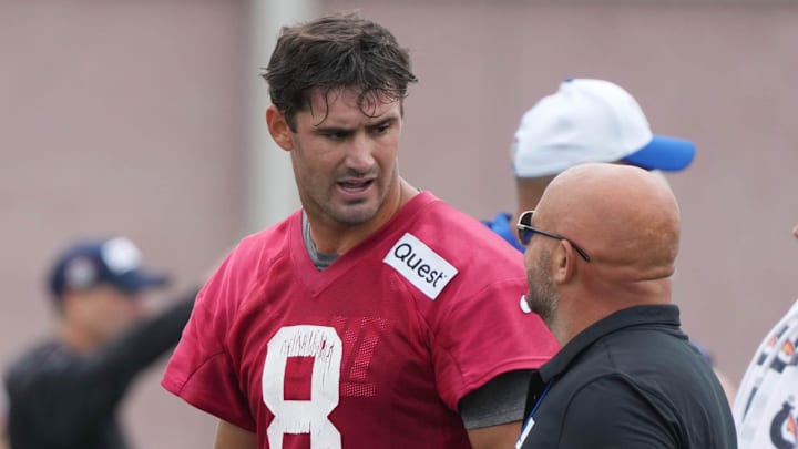 East Rutherford, NJ -- July 24, 2024 -- Quarterback Daniel Jones and head coach Brian Daboll during the first day of training camp for the 2024 New York Giants. East Rutherford, NJ -- July 24, 2024 -- Quarterback Daniel Jones and head coach Brian Daboll during the first day of training camp for the 2024 New York Giants.