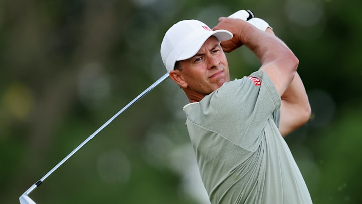 Adam Scott takes a swing during the third round of the 2025 U.S. Open at Oakmont Country Club