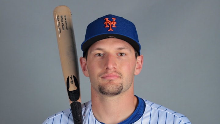Feb 20, 2025; Port St. Lucie, FL, USA; New York Mets catcher Hayden Senger (98) poses for a photo during picture day at Clover Park. Mandatory Credit: Sam Navarro-Imagn Images