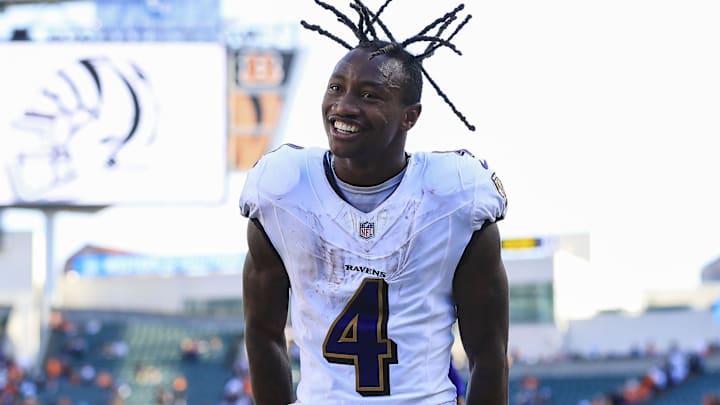 Oct 6, 2024; Cincinnati, Ohio, USA; Baltimore Ravens wide receiver Zay Flowers (4) reacts after the victory over the Cincinnati Bengals at Paycor Stadium. Mandatory Credit: Katie Stratman-Imagn Images