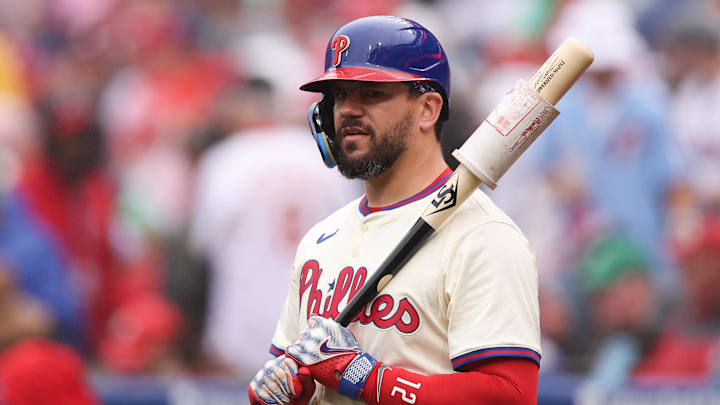 May 14, 2025; Philadelphia, Pennsylvania, USA; Philadelphia Phillies outfielder Kyle Schwarber (12) prepares to bat during the second inning against the St. Louis Cardinals at Citizens Bank Park. Mandatory Credit: Bill Streicher-Imagn Images