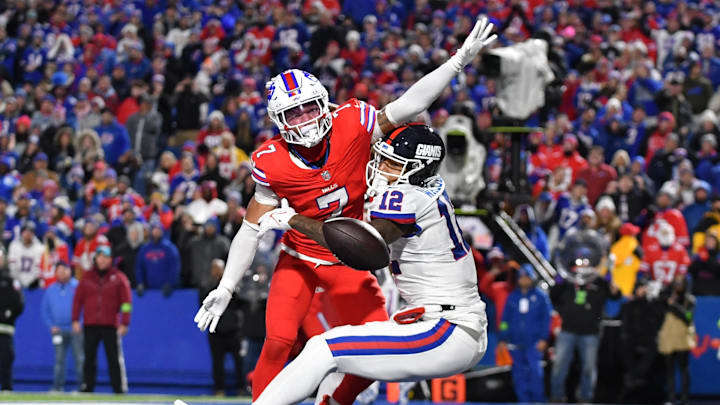 Oct 15, 2023; Orchard Park, New York, USA; Buffalo Bills cornerback Taron Johnson (7) breaks up a