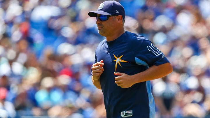 Aug 12, 2018; Toronto, Ontario, CAN; Tampa Bay Rays manager Kevin Cash (16) returns to the dugout at an MLB game against the Toronto Blue Jays at Rogers Centre.