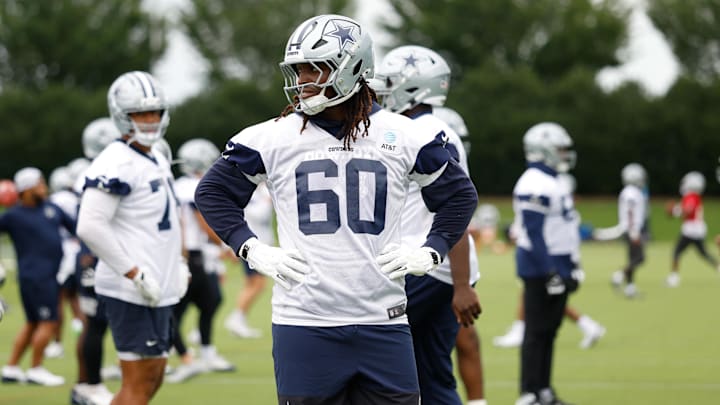 Dallas Cowboys offensive tackle Tyler Guyton goes through a drill during practice. Dallas Cowboys offensive tackle Tyler Guyton goes through a drill during practice.